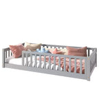 Whisen Letto Matrimoniale & Letto a Pavimento in Legno di Gomma con Recinzione Senza Porta, Letto a Pavimento Multifunzionale per il Sonno e il Gioco dei Bambini