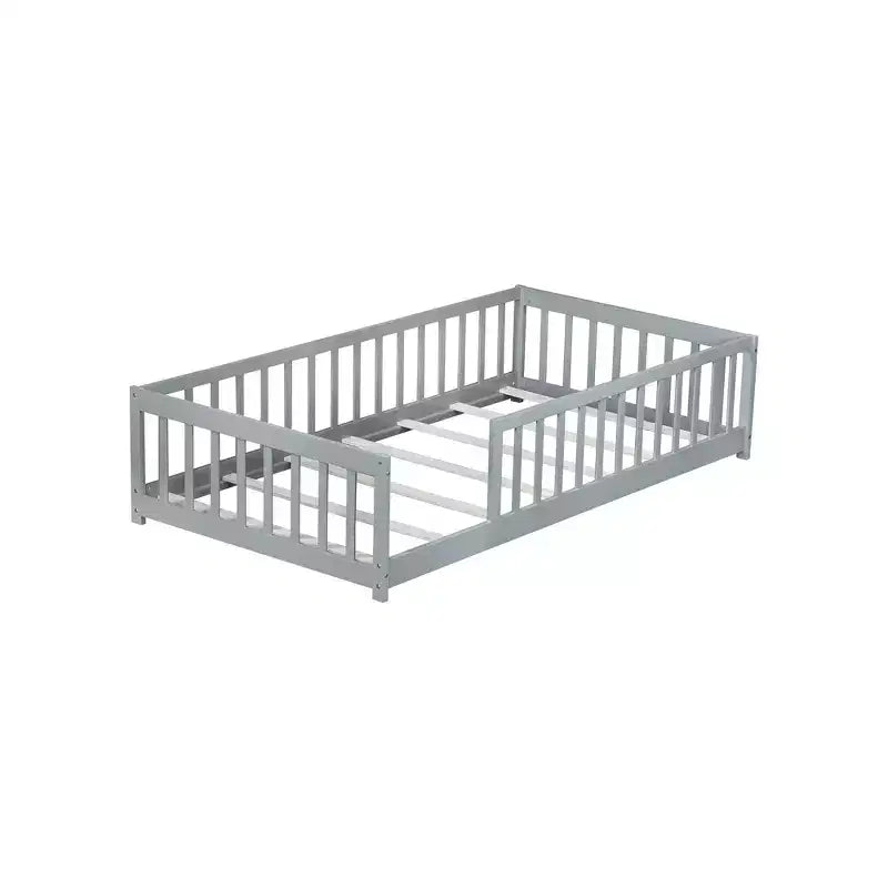 Whisen Letto Matrimoniale & Letto a Pavimento in Legno di Gomma con Recinzione Senza Porta, Letto a Pavimento Multifunzionale per il Sonno e il Gioco dei Bambini