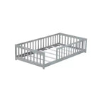 Whisen Letto Matrimoniale & Letto a Pavimento in Legno di Gomma con Recinzione Senza Porta, Letto a Pavimento Multifunzionale per il Sonno e il Gioco dei Bambini