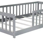 Whisen Letto Matrimoniale & Letto a Pavimento in Legno di Gomma con Recinzione Senza Porta, Letto a Pavimento Multifunzionale per il Sonno e il Gioco dei Bambini