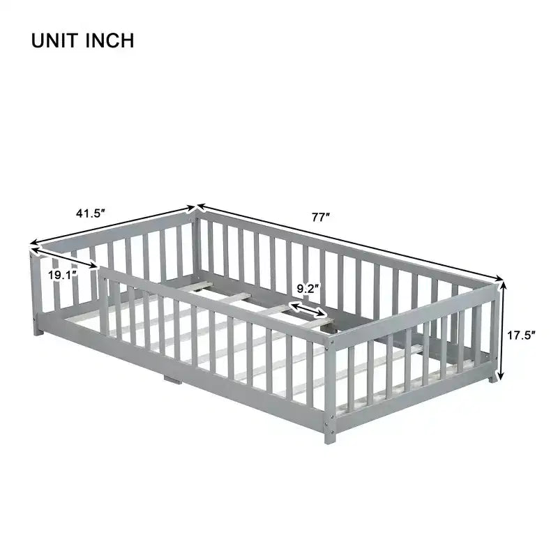 Whisen Letto Matrimoniale & Letto a Pavimento in Legno di Gomma con Recinzione Senza Porta, Letto a Pavimento Multifunzionale per il Sonno e il Gioco dei Bambini