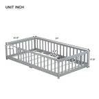 Whisen Letto Matrimoniale & Letto a Pavimento in Legno di Gomma con Recinzione Senza Porta, Letto a Pavimento Multifunzionale per il Sonno e il Gioco dei Bambini