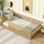 Whisen Letto Matrimoniale & Letto a Pavimento in Legno di Gomma con Recinzione Senza Porta, Letto a Pavimento Multifunzionale per il Sonno e il Gioco dei Bambini