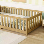 Whisen Letto Matrimoniale & Letto a Pavimento in Legno di Gomma con Recinzione Senza Porta, Letto a Pavimento Multifunzionale per il Sonno e il Gioco dei Bambini