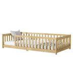 Whisen Letto Matrimoniale & Letto a Pavimento in Legno di Gomma con Recinzione Senza Porta, Letto a Pavimento Multifunzionale per il Sonno e il Gioco dei Bambini