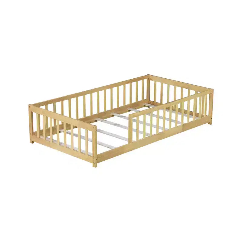 Whisen Letto Matrimoniale & Letto a Pavimento in Legno di Gomma con Recinzione Senza Porta, Letto a Pavimento Multifunzionale per il Sonno e il Gioco dei Bambini