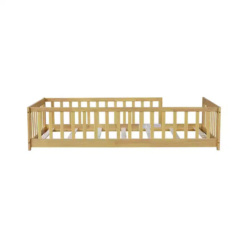 Whisen Letto Matrimoniale & Letto a Pavimento in Legno di Gomma con Recinzione Senza Porta, Letto a Pavimento Multifunzionale per il Sonno e il Gioco dei Bambini