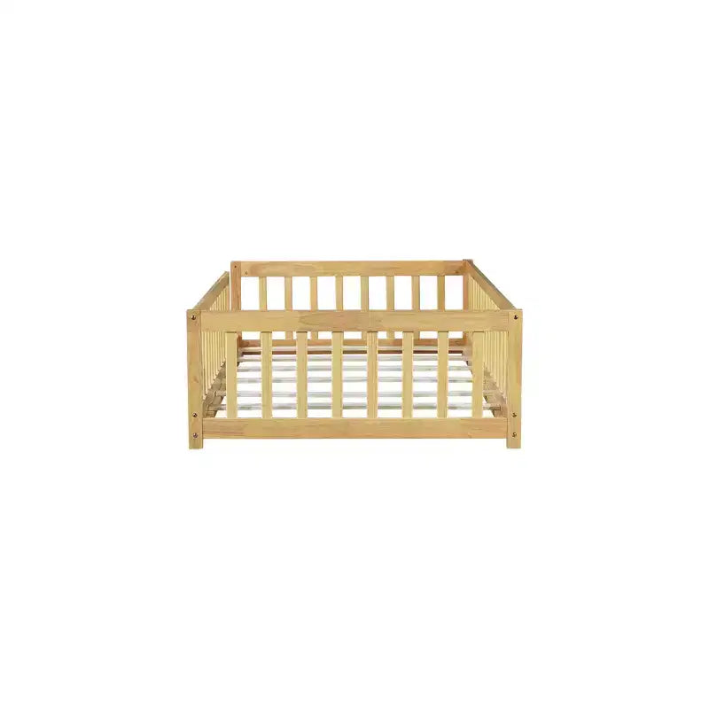 Whisen Letto Matrimoniale & Letto a Pavimento in Legno di Gomma con Recinzione Senza Porta, Letto a Pavimento Multifunzionale per il Sonno e il Gioco dei Bambini