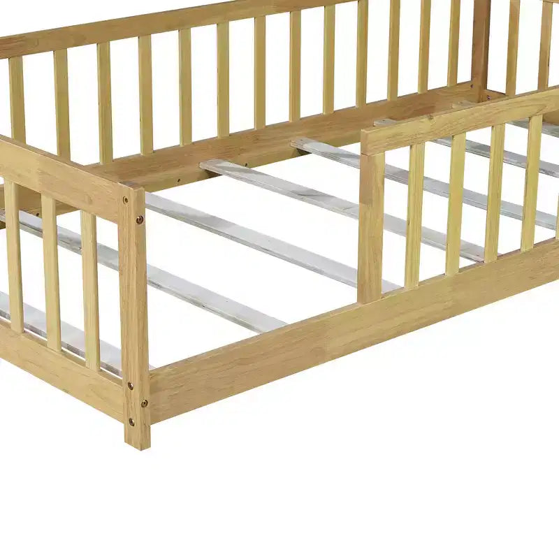 Whisen Letto Matrimoniale & Letto a Pavimento in Legno di Gomma con Recinzione Senza Porta, Letto a Pavimento Multifunzionale per il Sonno e il Gioco dei Bambini