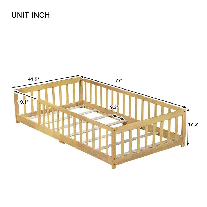Whisen Letto Matrimoniale & Letto a Pavimento in Legno di Gomma con Recinzione Senza Porta, Letto a Pavimento Multifunzionale per il Sonno e il Gioco dei Bambini
