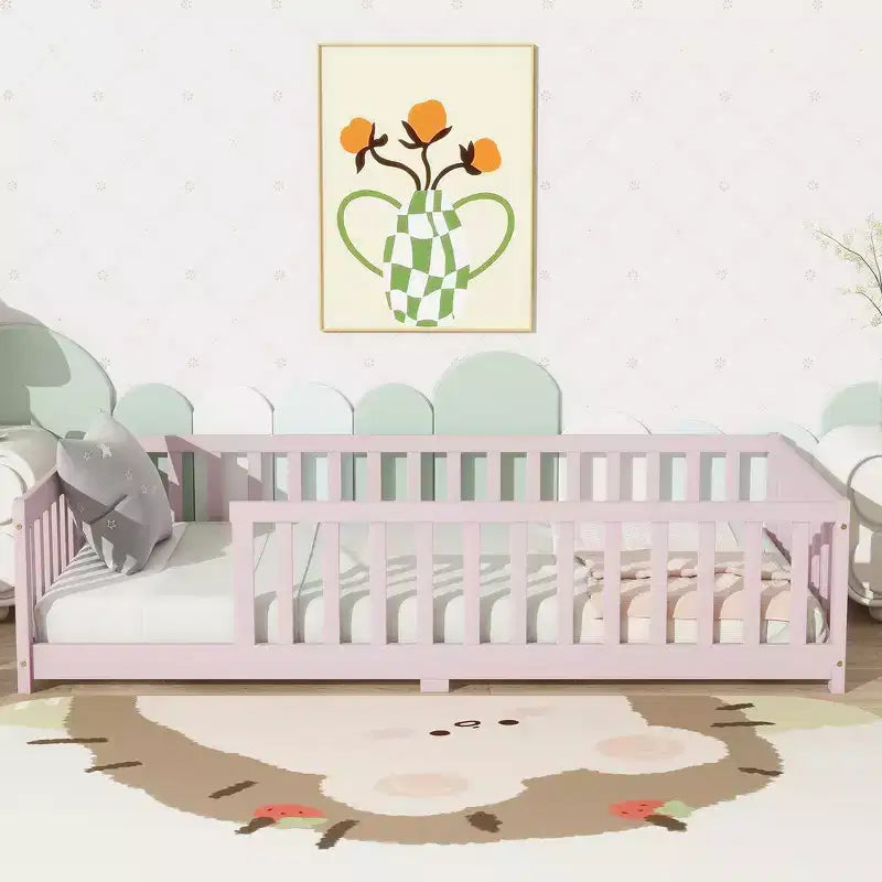 Whisen Letto Matrimoniale & Letto a Pavimento in Legno di Gomma con Recinzione Senza Porta, Letto a Pavimento Multifunzionale per il Sonno e il Gioco dei Bambini