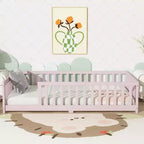Whisen Letto Matrimoniale & Letto a Pavimento in Legno di Gomma con Recinzione Senza Porta, Letto a Pavimento Multifunzionale per il Sonno e il Gioco dei Bambini