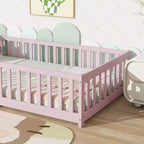 Whisen Letto Matrimoniale & Letto a Pavimento in Legno di Gomma con Recinzione Senza Porta, Letto a Pavimento Multifunzionale per il Sonno e il Gioco dei Bambini