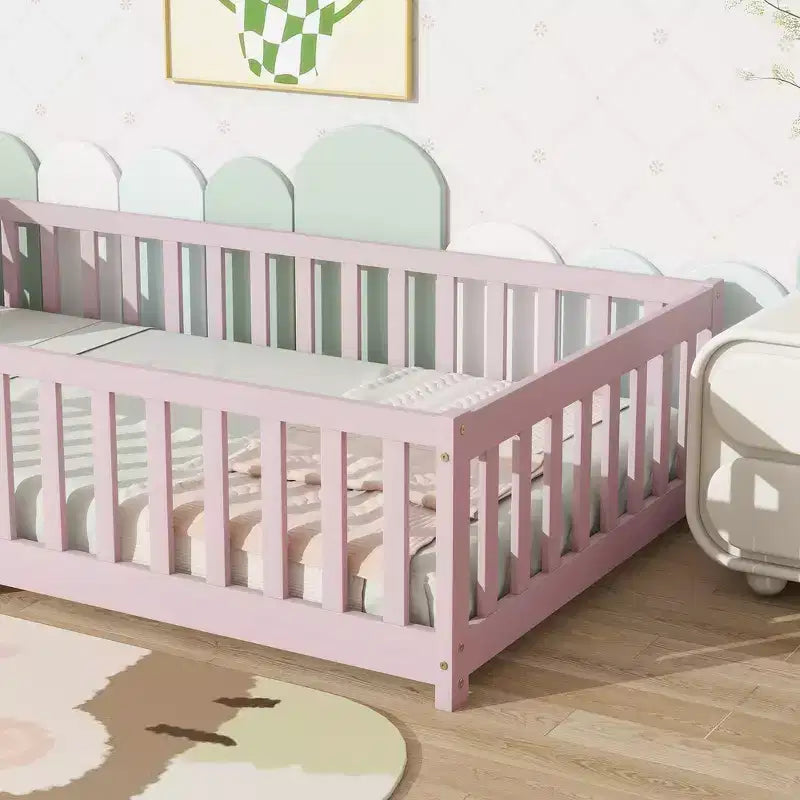 Whisen Letto Matrimoniale & Letto a Pavimento in Legno di Gomma con Recinzione Senza Porta, Letto a Pavimento Multifunzionale per il Sonno e il Gioco dei Bambini
