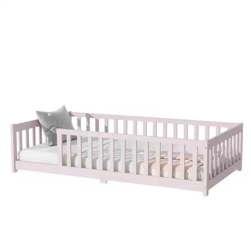 Whisen Letto Matrimoniale & Letto a Pavimento in Legno di Gomma con Recinzione Senza Porta, Letto a Pavimento Multifunzionale per il Sonno e il Gioco dei Bambini
