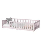 Whisen Letto Matrimoniale & Letto a Pavimento in Legno di Gomma con Recinzione Senza Porta, Letto a Pavimento Multifunzionale per il Sonno e il Gioco dei Bambini