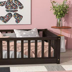 Whisen Letto Matrimoniale & Letto a Pavimento in Legno di Gomma con Recinzione Senza Porta, Letto a Pavimento Multifunzionale per il Sonno e il Gioco dei Bambini