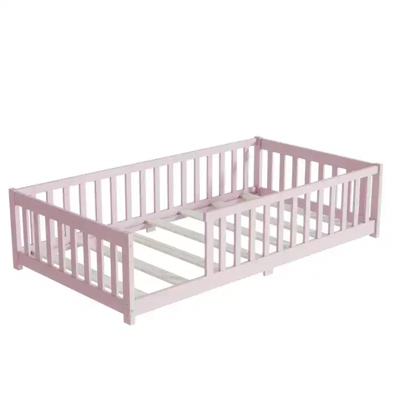 Whisen Letto Matrimoniale & Letto a Pavimento in Legno di Gomma con Recinzione Senza Porta, Letto a Pavimento Multifunzionale per il Sonno e il Gioco dei Bambini
