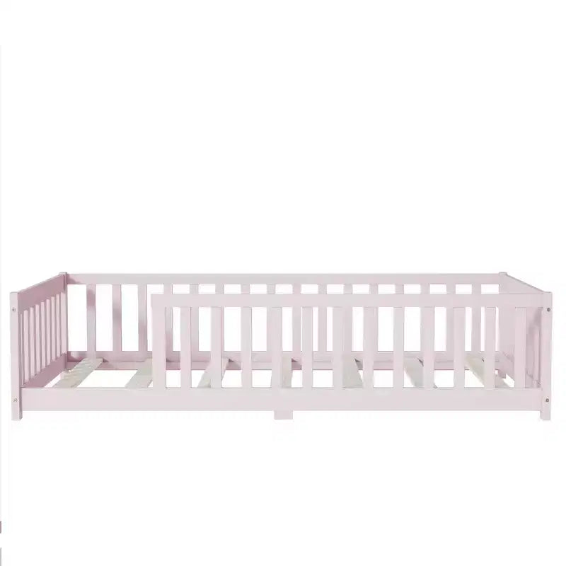 Whisen Letto Matrimoniale & Letto a Pavimento in Legno di Gomma con Recinzione Senza Porta, Letto a Pavimento Multifunzionale per il Sonno e il Gioco dei Bambini