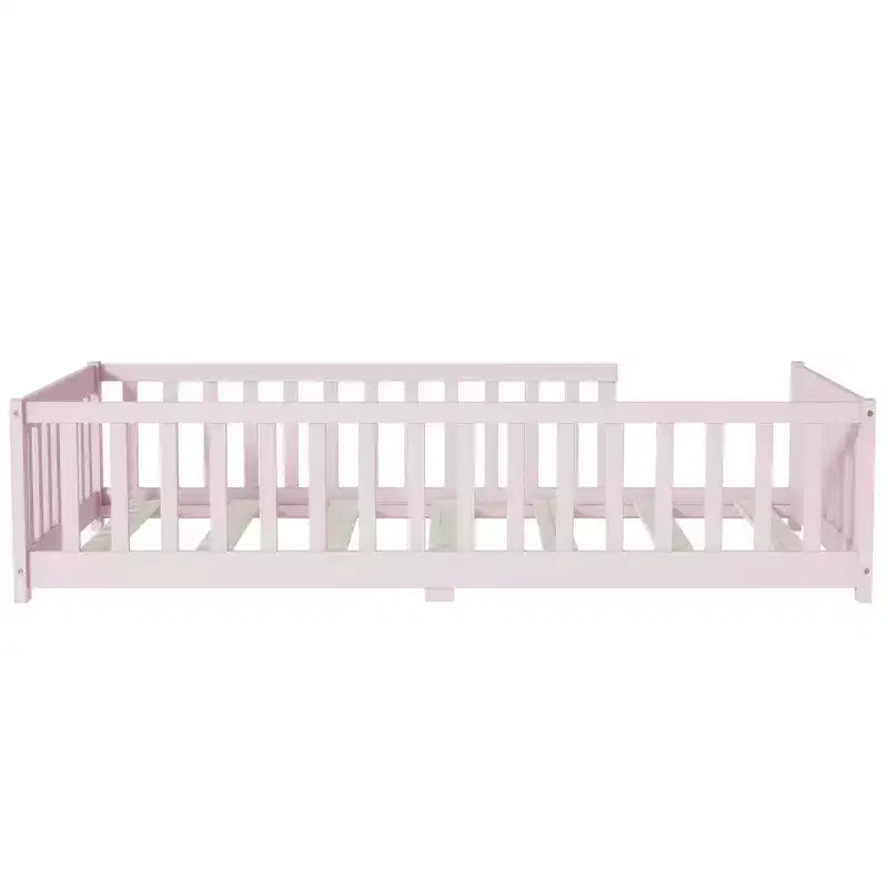 Whisen Letto Matrimoniale & Letto a Pavimento in Legno di Gomma con Recinzione Senza Porta, Letto a Pavimento Multifunzionale per il Sonno e il Gioco dei Bambini