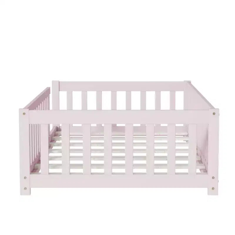 Whisen Letto Matrimoniale & Letto a Pavimento in Legno di Gomma con Recinzione Senza Porta, Letto a Pavimento Multifunzionale per il Sonno e il Gioco dei Bambini