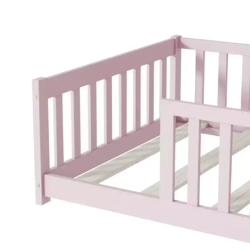 Whisen Letto Matrimoniale & Letto a Pavimento in Legno di Gomma con Recinzione Senza Porta, Letto a Pavimento Multifunzionale per il Sonno e il Gioco dei Bambini