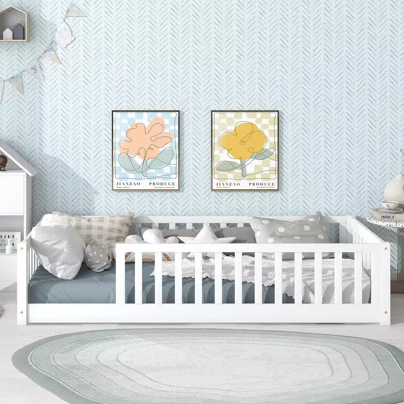 Whisen Letto Matrimoniale & Letto a Pavimento in Legno di Gomma con Recinzione Senza Porta, Letto a Pavimento Multifunzionale per il Sonno e il Gioco dei Bambini