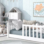 Whisen Letto Matrimoniale & Letto a Pavimento in Legno di Gomma con Recinzione Senza Porta, Letto a Pavimento Multifunzionale per il Sonno e il Gioco dei Bambini