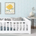 Whisen Letto Matrimoniale & Letto a Pavimento in Legno di Gomma con Recinzione Senza Porta, Letto a Pavimento Multifunzionale per il Sonno e il Gioco dei Bambini