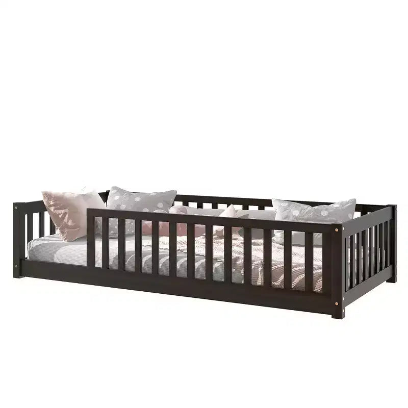 Whisen Letto Matrimoniale & Letto a Pavimento in Legno di Gomma con Recinzione Senza Porta, Letto a Pavimento Multifunzionale per il Sonno e il Gioco dei Bambini