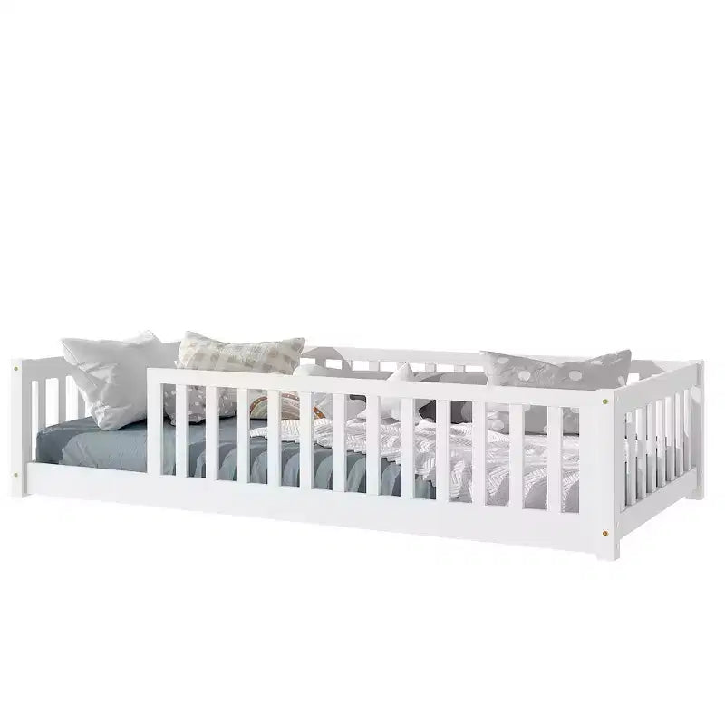 Whisen Letto Matrimoniale & Letto a Pavimento in Legno di Gomma con Recinzione Senza Porta, Letto a Pavimento Multifunzionale per il Sonno e il Gioco dei Bambini
