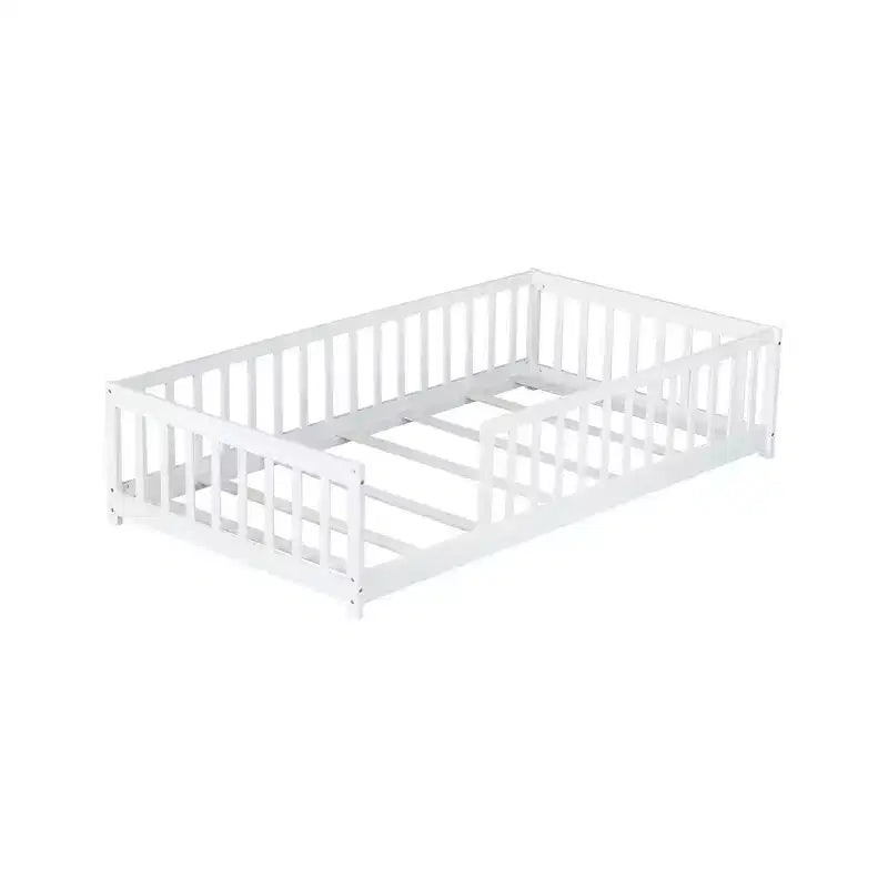 Whisen Letto Matrimoniale & Letto a Pavimento in Legno di Gomma con Recinzione Senza Porta, Letto a Pavimento Multifunzionale per il Sonno e il Gioco dei Bambini