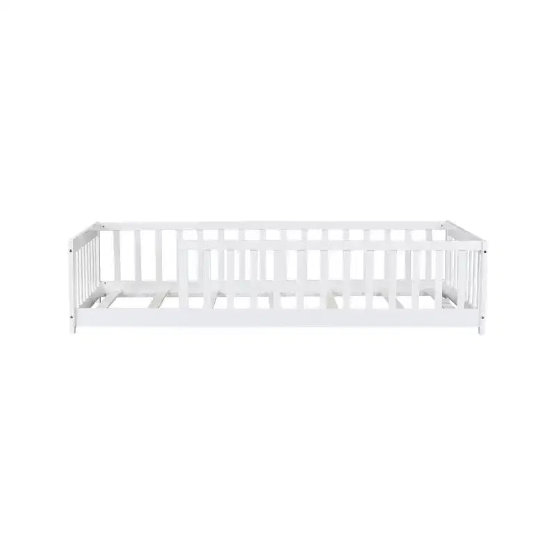Whisen Letto Matrimoniale & Letto a Pavimento in Legno di Gomma con Recinzione Senza Porta, Letto a Pavimento Multifunzionale per il Sonno e il Gioco dei Bambini
