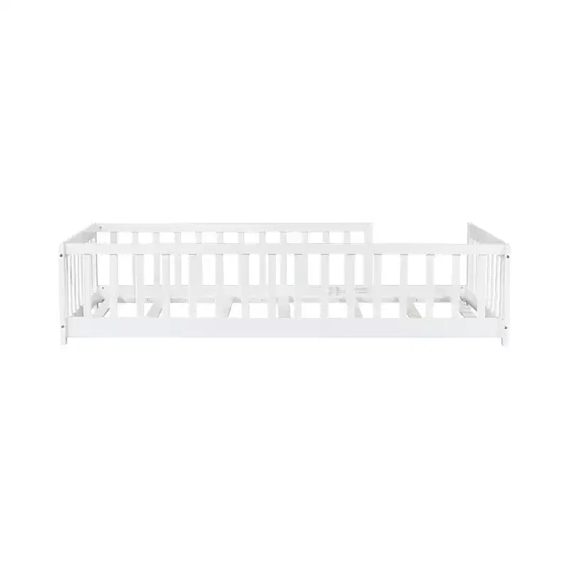 Whisen Letto Matrimoniale & Letto a Pavimento in Legno di Gomma con Recinzione Senza Porta, Letto a Pavimento Multifunzionale per il Sonno e il Gioco dei Bambini