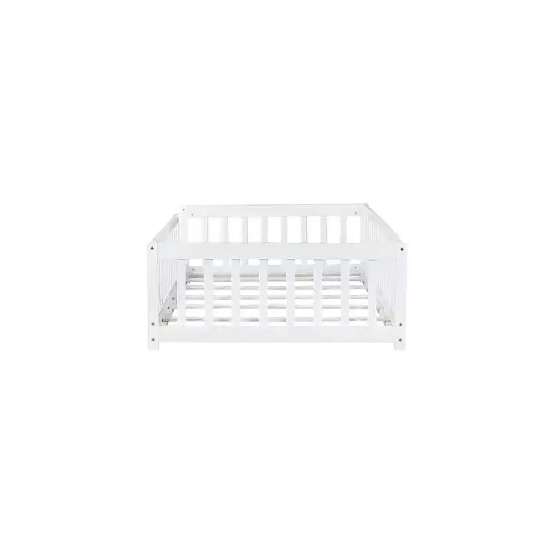 Whisen Letto Matrimoniale & Letto a Pavimento in Legno di Gomma con Recinzione Senza Porta, Letto a Pavimento Multifunzionale per il Sonno e il Gioco dei Bambini