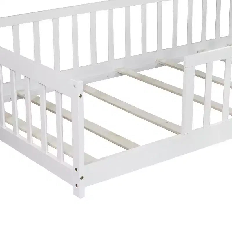 Whisen Letto Matrimoniale & Letto a Pavimento in Legno di Gomma con Recinzione Senza Porta, Letto a Pavimento Multifunzionale per il Sonno e il Gioco dei Bambini