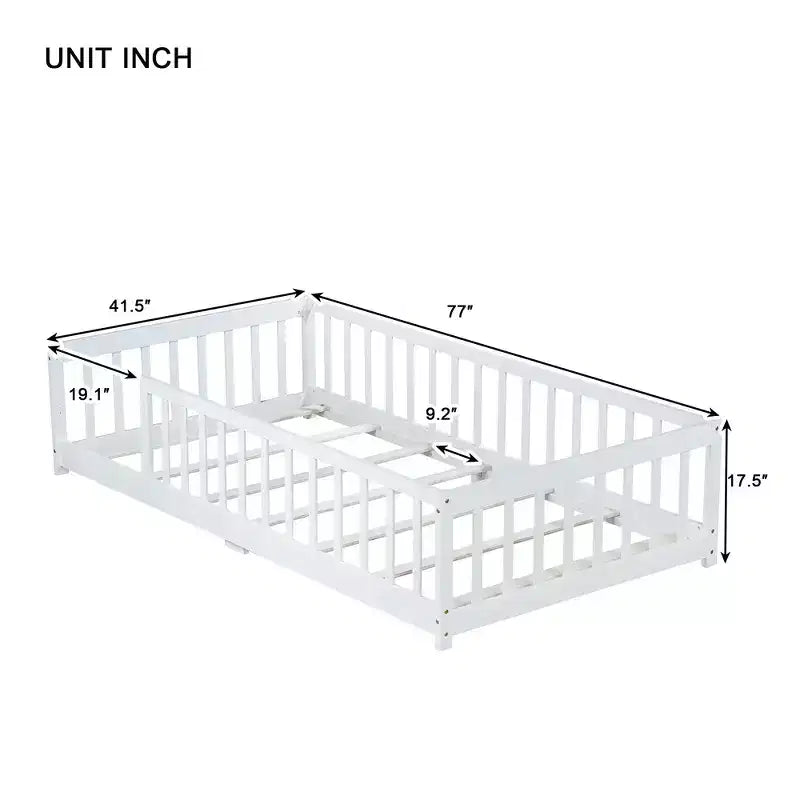 Whisen Letto Matrimoniale & Letto a Pavimento in Legno di Gomma con Recinzione Senza Porta, Letto a Pavimento Multifunzionale per il Sonno e il Gioco dei Bambini