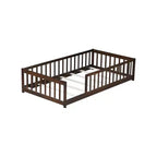 Whisen Letto Matrimoniale & Letto a Pavimento in Legno di Gomma con Recinzione Senza Porta, Letto a Pavimento Multifunzionale per il Sonno e il Gioco dei Bambini