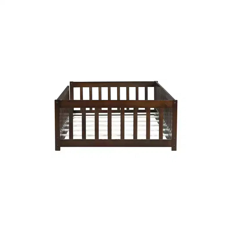 Whisen Letto Matrimoniale & Letto a Pavimento in Legno di Gomma con Recinzione Senza Porta, Letto a Pavimento Multifunzionale per il Sonno e il Gioco dei Bambini