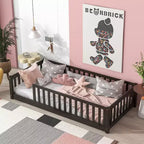 Whisen Twin Bed & Rubber Wood Floor Bed with Fence without Door, Multi - Functional Floor Bed for Kids' Sleep & Play