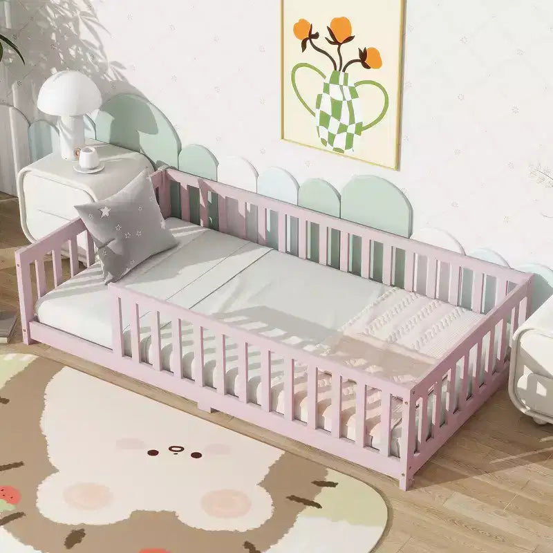Whisen Letto Matrimoniale & Letto a Pavimento in Legno di Gomma con Recinzione Senza Porta, Letto a Pavimento Multifunzionale per il Sonno e il Gioco dei Bambini