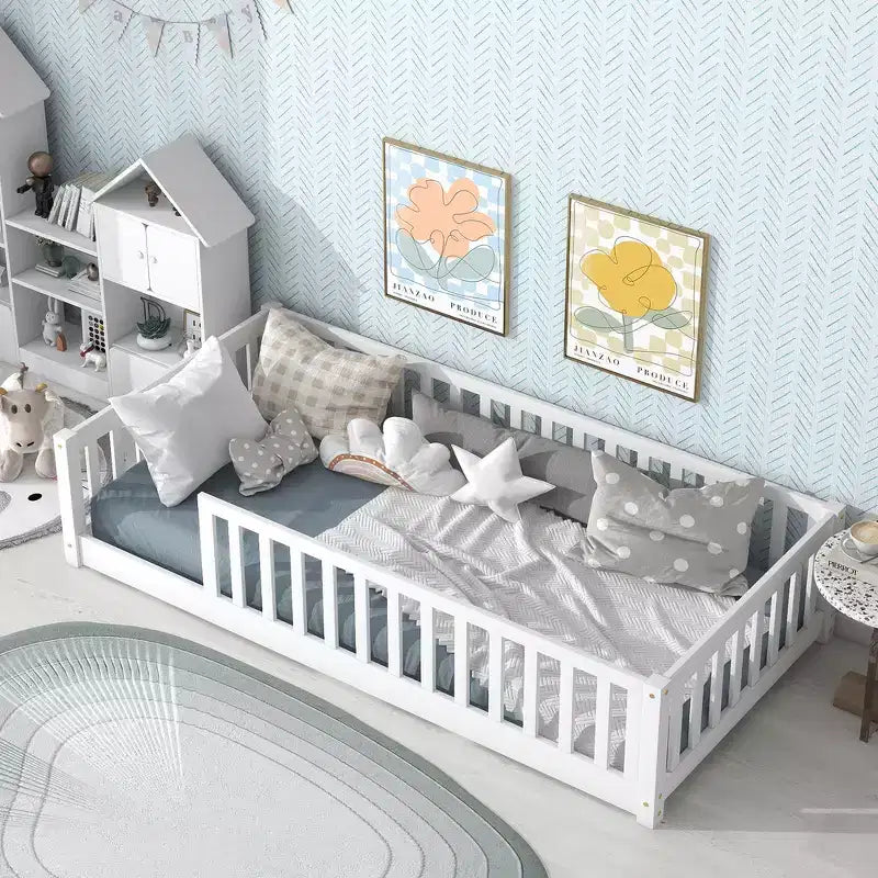 Whisen Letto Matrimoniale & Letto a Pavimento in Legno di Gomma con Recinzione Senza Porta, Letto a Pavimento Multifunzionale per il Sonno e il Gioco dei Bambini