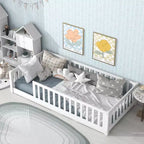 Whisen Letto Matrimoniale & Letto a Pavimento in Legno di Gomma con Recinzione Senza Porta, Letto a Pavimento Multifunzionale per il Sonno e il Gioco dei Bambini