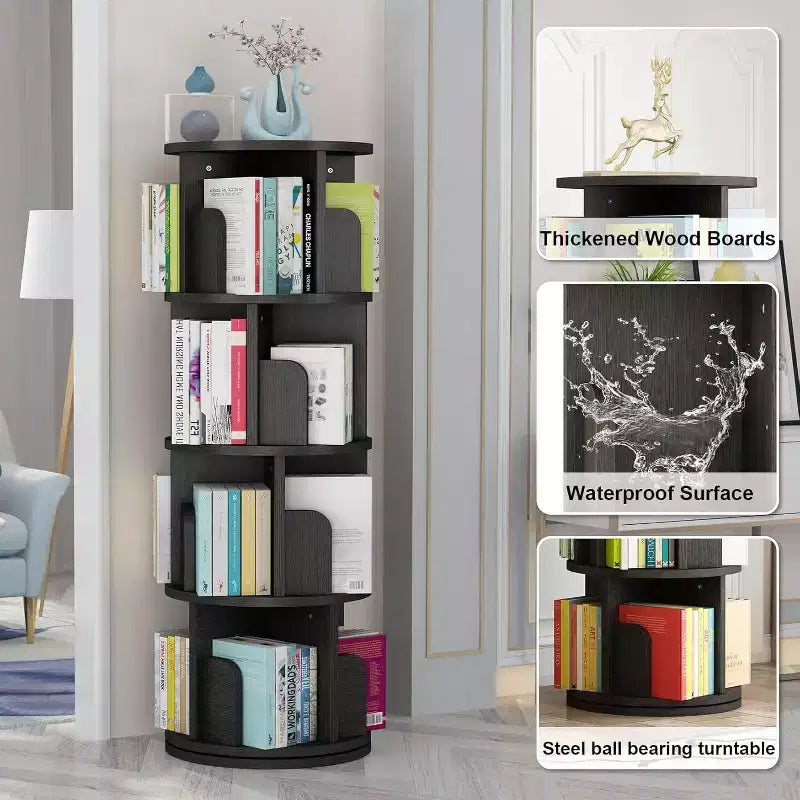 GustoWave Scaffale rotante a 4 ripiani, torre libreria da terra, scaffale portaoggetti girevole a 360 gradi, libreria stretta in legno per piccoli spazi