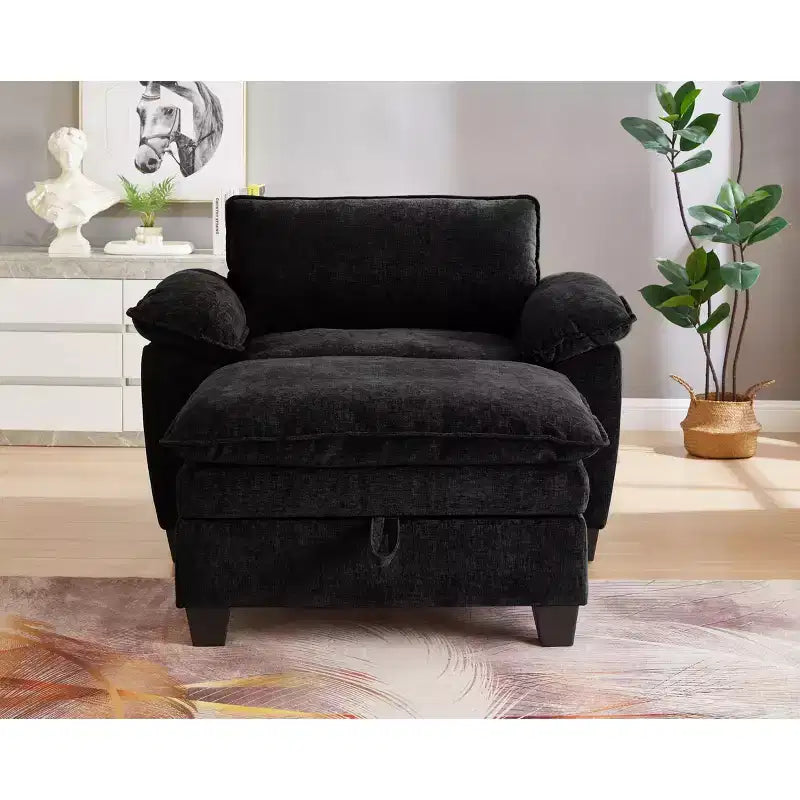 MAYEERTY Chaise longue 51 Oversize con pouf, rivestimento in ciniglia felpata, nero, contenitore, comfort