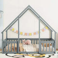 MAYEERTY Twin Wood House-shaped Floor Bed with Fence, Guardrails Gray