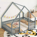 MAYEERTY Letto a Castello a Forma di Casetta in Legno con Recinzione e Sponde, Grigio