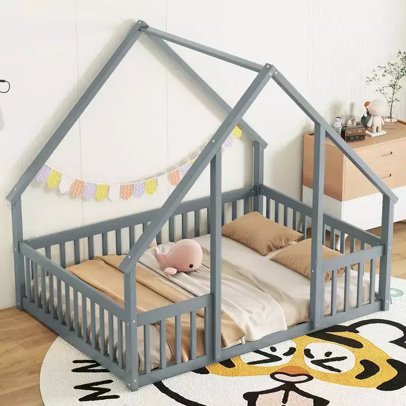 MAYEERTY Letto a Castello a Forma di Casetta in Legno con Recinzione e Sponde, Grigio