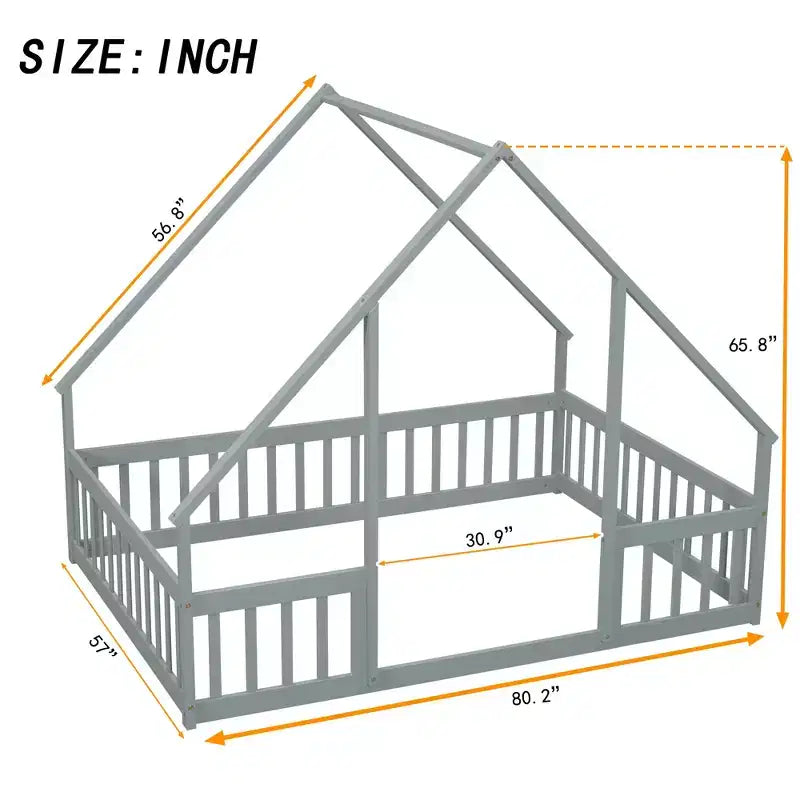 MAYEERTY Letto a Castello a Forma di Casetta in Legno con Recinzione e Sponde, Grigio