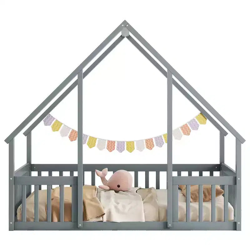 MAYEERTY Letto a Castello a Forma di Casetta in Legno con Recinzione e Sponde, Grigio